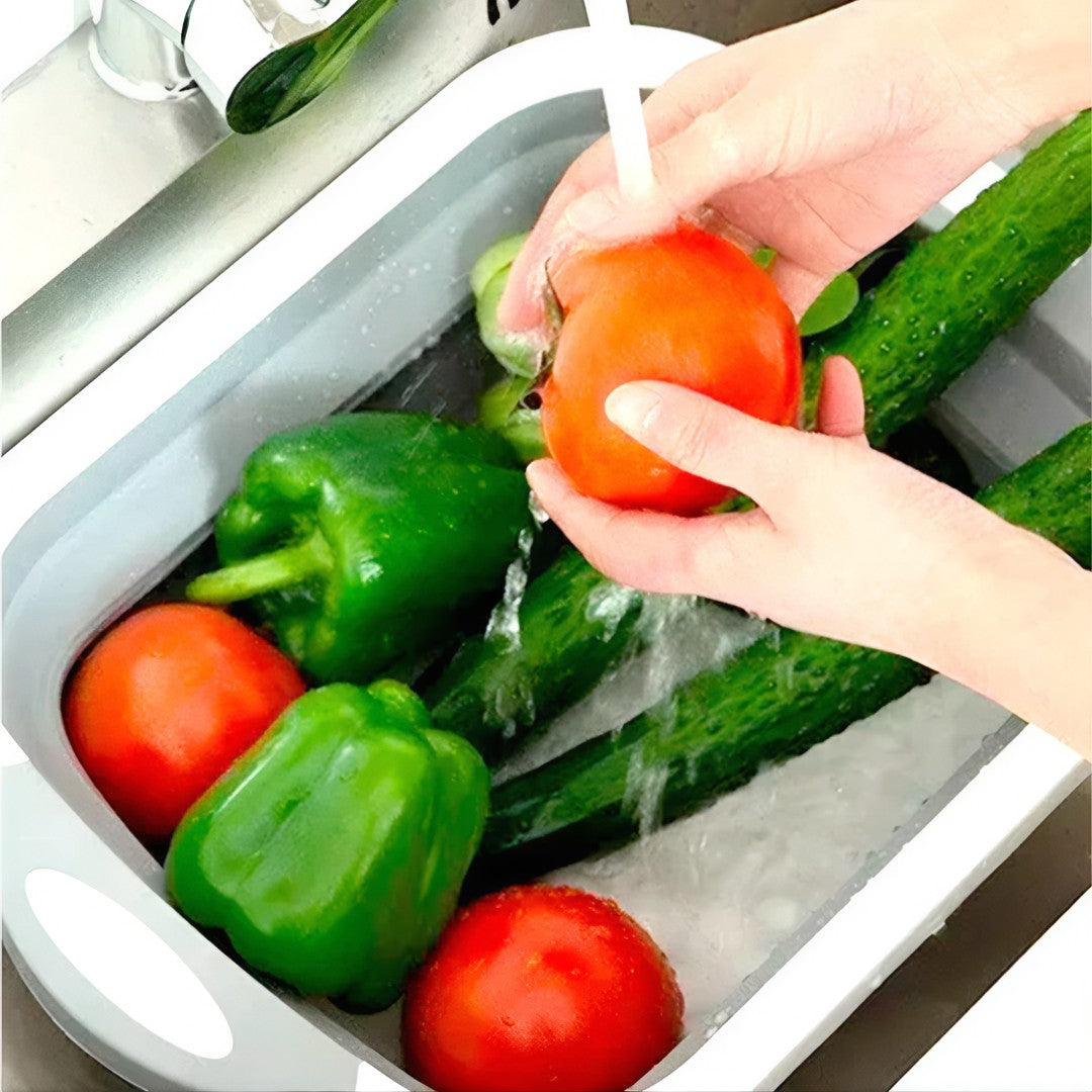 🍅 MultiChef 3 em 1™ – Bacia Retrátil, Tábua de Corte e Escorredor em um Só Produto!