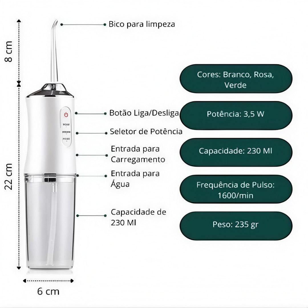 💧 AquaSmile™ – Irrigador Oral Portátil com 3 Modos de Limpeza