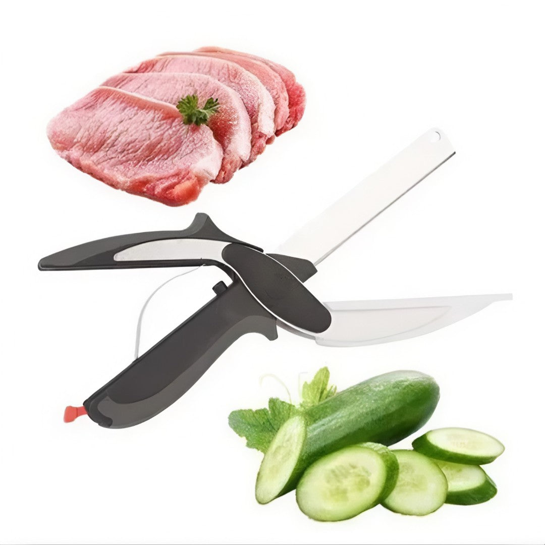 🔪 MultiChef™ – Tesoura Fatiadora 2 em 1 com Tábua Embutida em Aço Inox